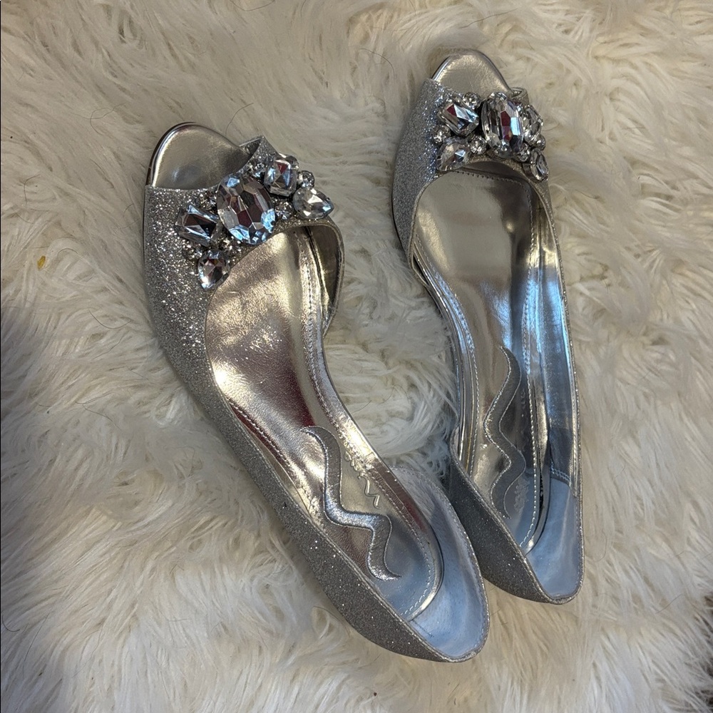 Silver Peep Toe Flats with Rhinestones